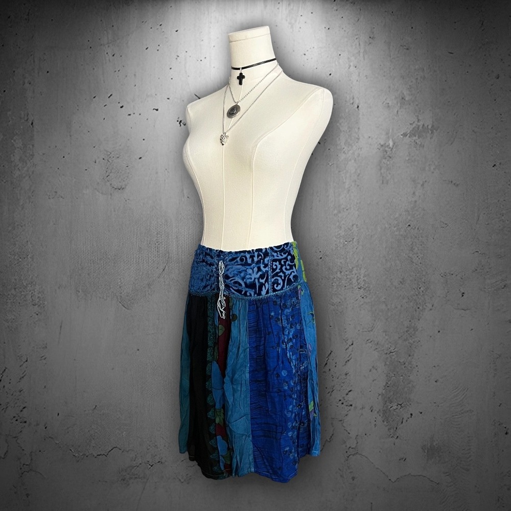 Vintage Bonartt Boho Fairy Blue Multi Floral Velvet Lace Trim Flowy Skirt M/L - Picture 4 of 8